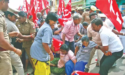 The terminated cleanliness staff staged a protest in front of the Ranga Ranga Gopuram on Thursday