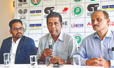 International Tennis Hall of Fame inductee Vijay Amritraj addresses the gathering during the press conference