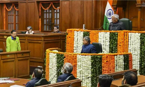 Delhi CM Arvind Kejriwal addresses the Delhi Legislative Assembly during the Budget session in New Delhi on Feb 16. (PTI)