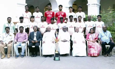 (From left) Vice Principal Decipline Prof S Peter, Coach LR Titus, Deputy Principal Dr. JA Charles, Principal Rev. Dr A Louis Arockiaraj SJ, Rector Rev. Dr. Antony Robinson, SJ, Secretary &amp; Correspondent Rev. Dr. B Jeyaraj, Vice Principal Jeyamani Divya Christodoss and Director of Sports Rev. Dr Joseph Antony Jacob SJ.