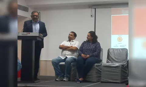 Balasubramanian Sankaranarayanan, President &amp; CEO, Thryve Digital Health speaking at the press conference in Chennai. (Photo credit: Nitin Vignesh)