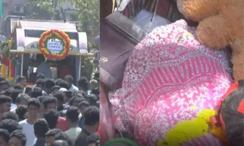 The victim's funeral procession; her clothes, school bag and toys