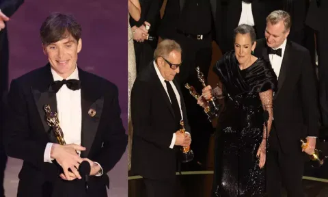 Christopher Nolan and Producers Emma Thomas and Charles Roven win the Oscar for Best Picture for "Oppenheimer" during the Oscars show (Photo: Reuters)