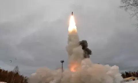 A Yars intercontinental ballistic nuclear missile is fired during training from Plesetsk cosmodrome in Northern Arkhangelsk region, Russia (Reuters)