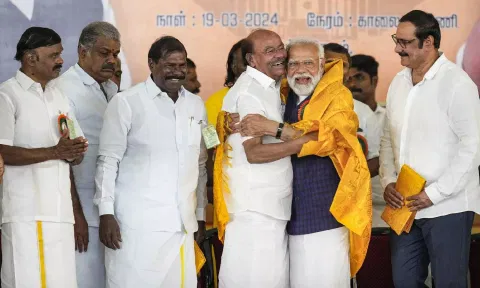 PM Narendra Modi with PMK founder S Ramadoss and president Anbumani Ramadoss