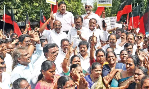 DMK workers, led by Lok Sabha member Dayanidhi Maran, protest in Chennai against the arrest of Delhi Chief Minister Arvind Kejriwal by the Directorate of Enforcement