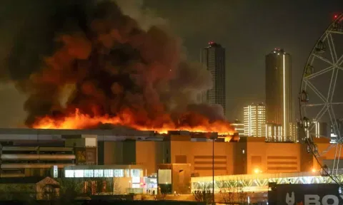 A massive blaze is seen over the Crocus City Hall on the western edge of Moscow, Russia. (AP)&nbsp;