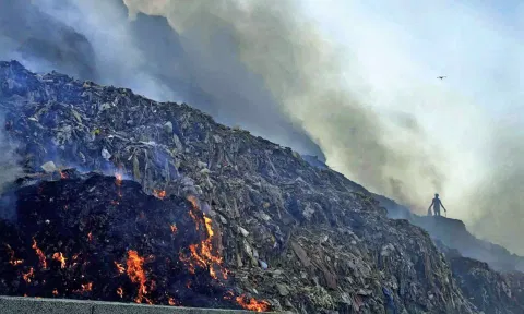 A person picks through trash as a fire rages at Bhalswa landfill (file)