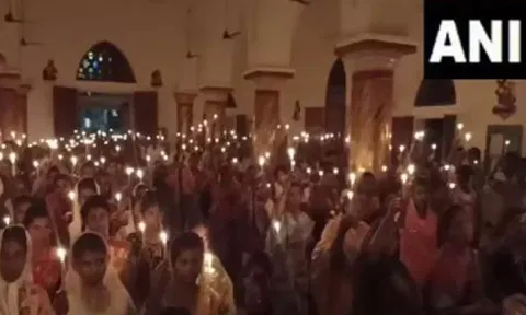 People gathered at Tenkasi Church, Tamil Nadu for midnight Easter prayers. (Photo/ANI)&nbsp;