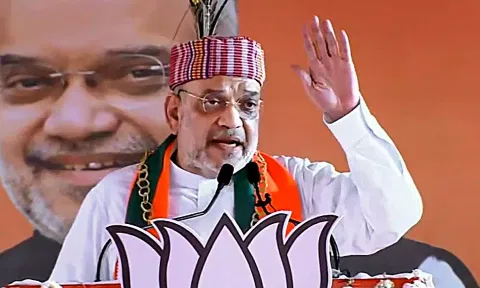 Amit Shah during a public meeting ahead of Lok Sabha elections in Mandla. (PTI)