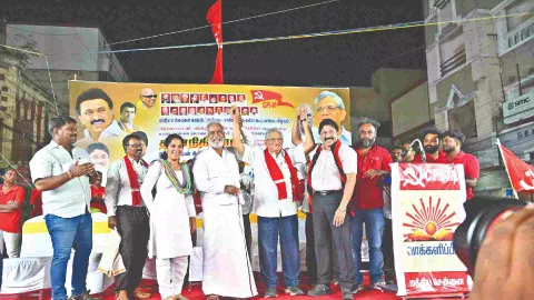 CPM general secretary Sitaram Yechury canvassing for DMK Chennai central candidate Dayanidhi Maran on Thursday