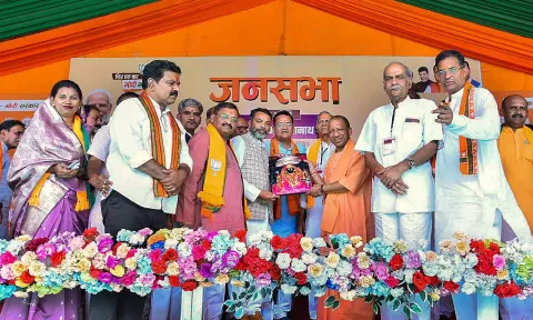 UP Chief Minister Yogi Adityanath addresses a public meeting for Lok Sabha elections, in Rajnandgaon district (PTI)