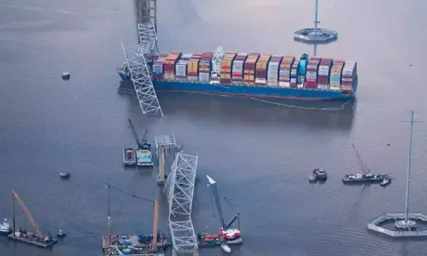 View of the Dali cargo vessel which crashed into the Francis Scott Key Bridge causing it to collapse in Baltimore

https://www.dtnext.in/news/world/biden-to-survey-collapsed-baltimore-bridge-meet-families-of-workers-who-died-778116