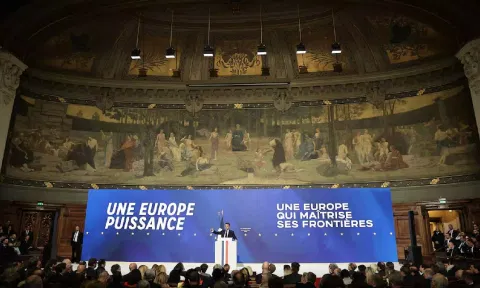 French President Emmanuel Macron delivers a speech at Sorbonne University in Paris, France (Reuters)