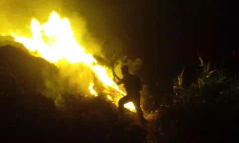The raging fire being put out by the forest department staff in Valparai.