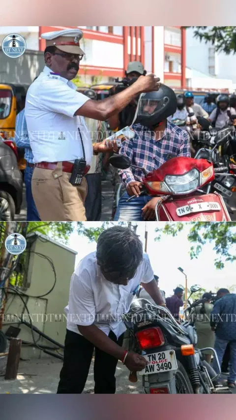 Greater Chennai Traffic Police is imposing fines on motorists with unauthorized stickers on vehicles at Egmore.
