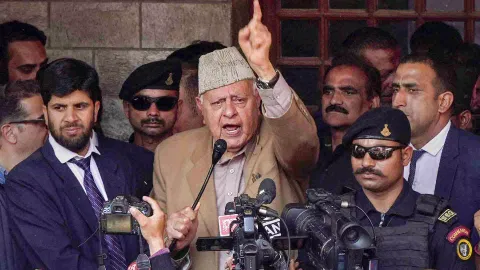 National Conference President Farooq Abdullah during the nomination filing rally of party candidate Aga Syed Ruhullah Mehdi for Lok Sabha elections, in Srinagar&nbsp;