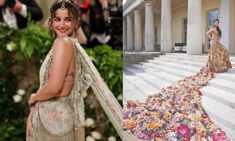 Alia Bhatt (L) Isha Ambani (R) pose in their Met Gala outfits&nbsp;&nbsp;