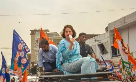 Congress leader Priyanka Gandhi during a roadshow for Lok Sabha elections, in Rae Bareli (PTI)