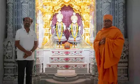 Rajnikanth at BAPS Hindu Mandir in Abu Dhabi (Photo/ANI)