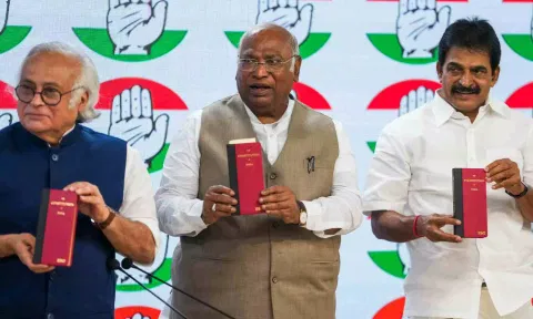 &nbsp;Congress President Mallikarjun Kharge along with party leaders Jairam Ramesh and K C Venugopal (PTI)