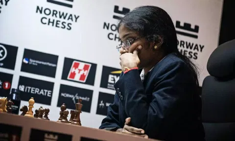 R Vaishali in action during Norway Chess tournament&nbsp;