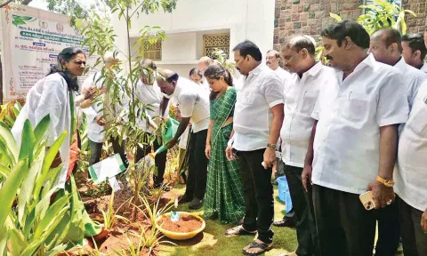 Health Minister Ma Subramaniam planting a sapling in Stanley Medical College campus