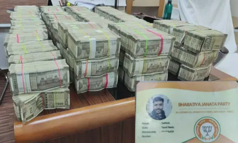 The seized cash (inset) ID proof of the BJP cadre&nbsp;