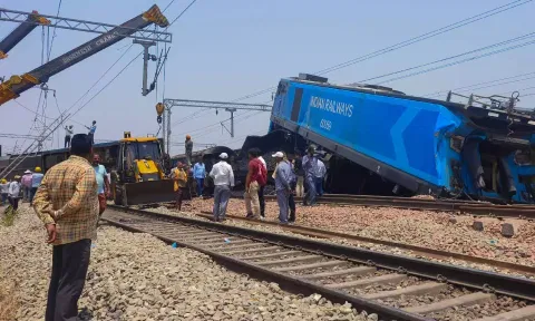 Restoration and relief work underway after a goods train derailed in an accident at Sirhind in Fatehgarh Sahib (PTI)