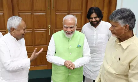 Prime Minister Narendra Modi with key allies TDP chief N Chandrababu Naidu, JD(U) chief Nitish Kumar and Janasena chief Pawan Kalyan during National Democratic Alliance (NDA) meeting at PM's residence, in New Delhi (PTI)