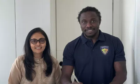 &nbsp;Daniel Chima with Chennaiyin's co-owner Vita Dani