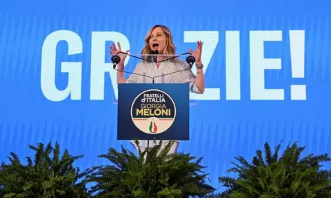 Italy's Prime Minister Giorgia Meloni speaks following the announcement of the partial results of the European Parliament elections, in Rome (Reuters)&nbsp;