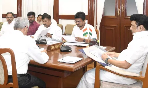 CM Stalin and Sports Minister Udhyanidhi Stalin in  District Collectors Meet