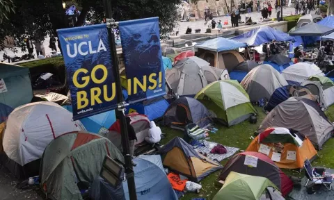&nbsp;Tents are placed on an encampment on the UCLA campus after clashes between pro-Israel and pro-Palestinian groups