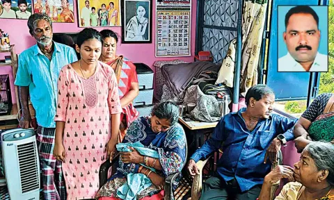 Hemakumari, the widow of Sivasankar (inset), and family members at their house in Royapuram