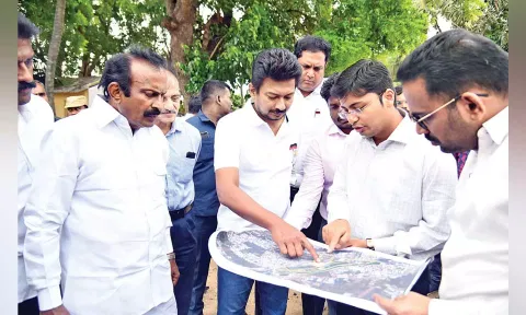 Minister for Youth Welfare and Sports Development Udhayanidhi Stalin takes a look at the draft plan on cricket stadium&nbsp;