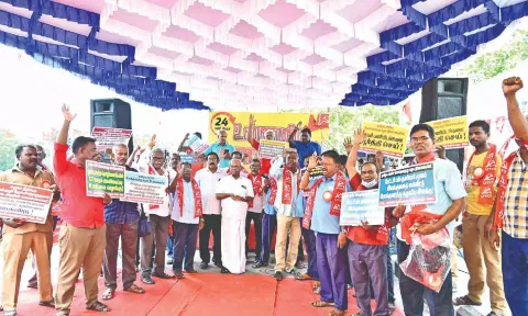 CITU members stage a protest in the city on Monday