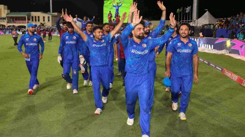 Afghanistan's captain Rashid Khan with teammates acknowledges fans after Afghanistan won the ICC Men's T20 World Cup cricket match against Bangladesh (Photo/PTI)