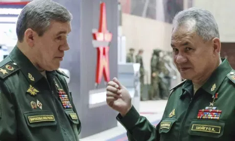 &nbsp;Russian Defense Minister Sergei Shoigu, right, gestures as he speaks to Russian Chief of General Staff Gen (AP)