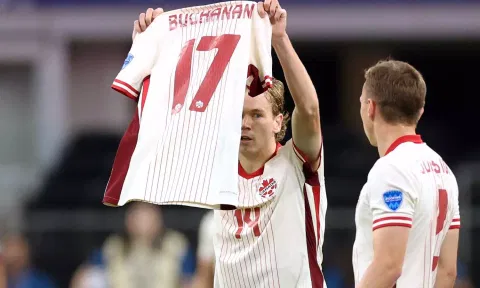 Jacob Shaffelburg celebrates after scoring for Canada&nbsp;