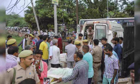 &nbsp;Victims's Bodies Of The Hathras' Stampede Being Carried, At Sikandra Rao In Hathras (PTI)