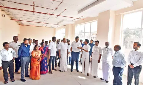 Ministers TRB Rajaa and Anbil Mahesh Poyyamozhi inspecting the Tidel Park in Thanjavur on Tuesday