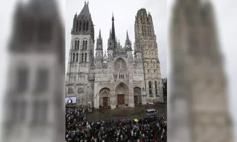 The crowd gather outside the Rouen cathedral,Normandry,during the funeral mass for Father Hamel (AP)&nbsp;