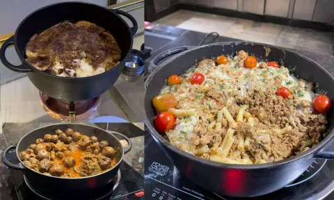 (L-t) Nana's bread and butter pudding; (L-b) Home-style marinated Beef Steak with Garlic roasted baby potatoes; (R) Baked Anglo Indian Mutton Mince and Macaroni (R)