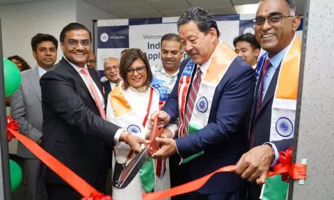 Consul General of India, Seattle, Prakash Gupta addresses the Indian diaspora at the inauguration of India Consular Centre, in Seattle (PTI)
