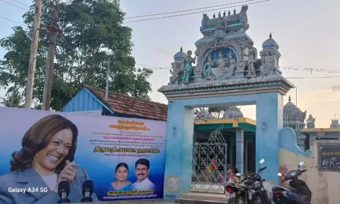 Huge banners of US Vice-President Kamala has been put up at the Dharma Sastha Temple in Painganadu, Thulasendrapuram village.&nbsp;