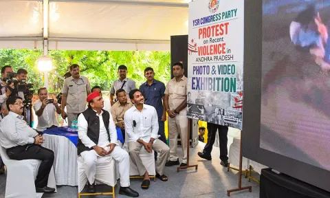Former Andhra Pradesh CM and YSRCP President Jagan Mohan Reddy during an interview with PTI at the YSRCP's protest