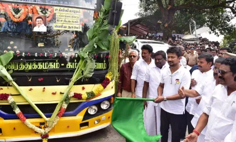 Minister Udhayanidhi Stalin flagging off new bus services in Pachamalai, Tiruchy on Thursday