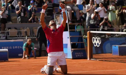 Serbia's Novak Djokovic reacts after defeating Spain's Carlos Alcaraz in the men's singles tennis final (AP)&nbsp;