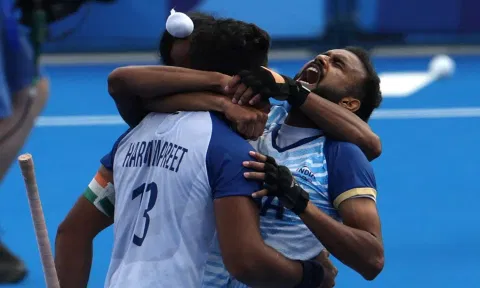 Hockey India players celebrate after their victory over Great Britain&nbsp;